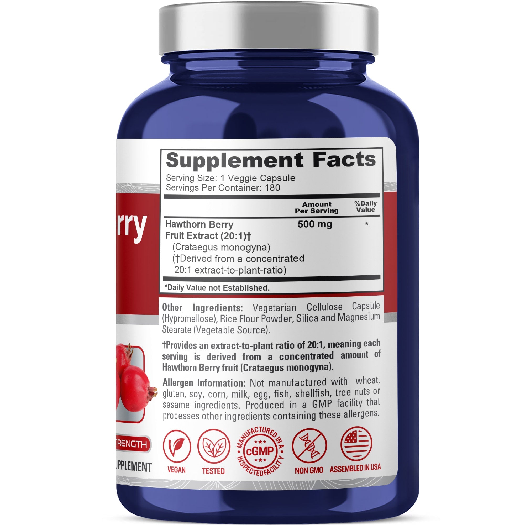 NusaPure Hawthorn Berry 20:1 Extract, 500 mg 180 Veg Caps, Suitable for Vegetarians, Vegan, Non-GMO Dietary Supplement